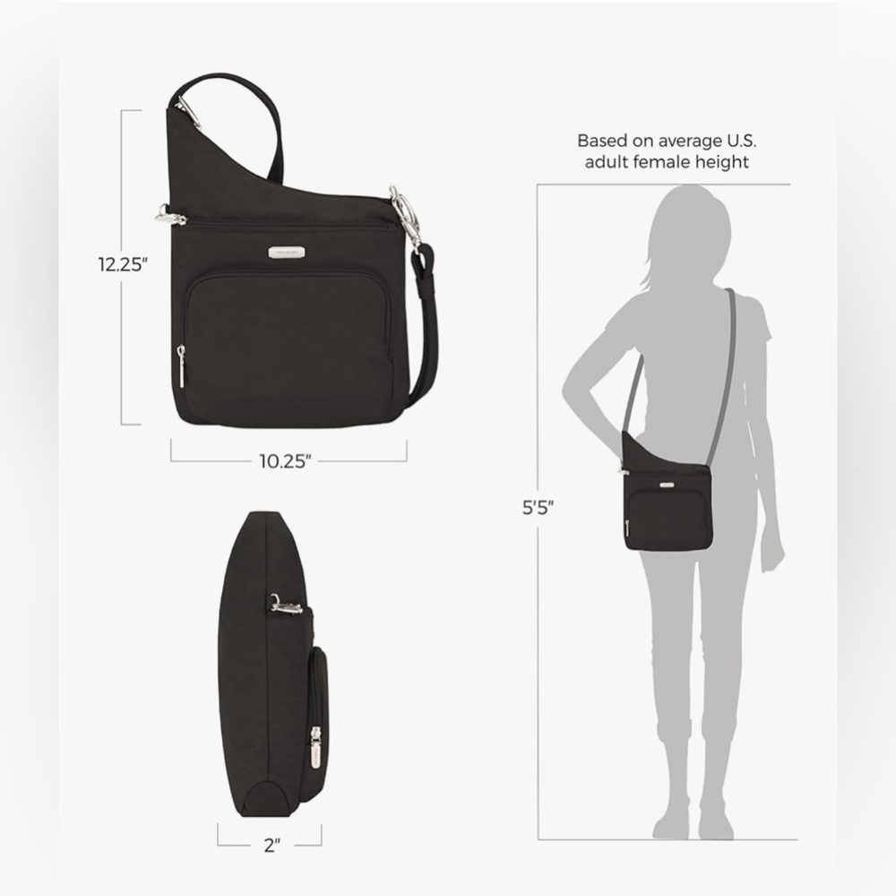 Travelon Anti-Theft Essentials North/South Asymmetric Crossbody Purse Black - Picture 3 of 13